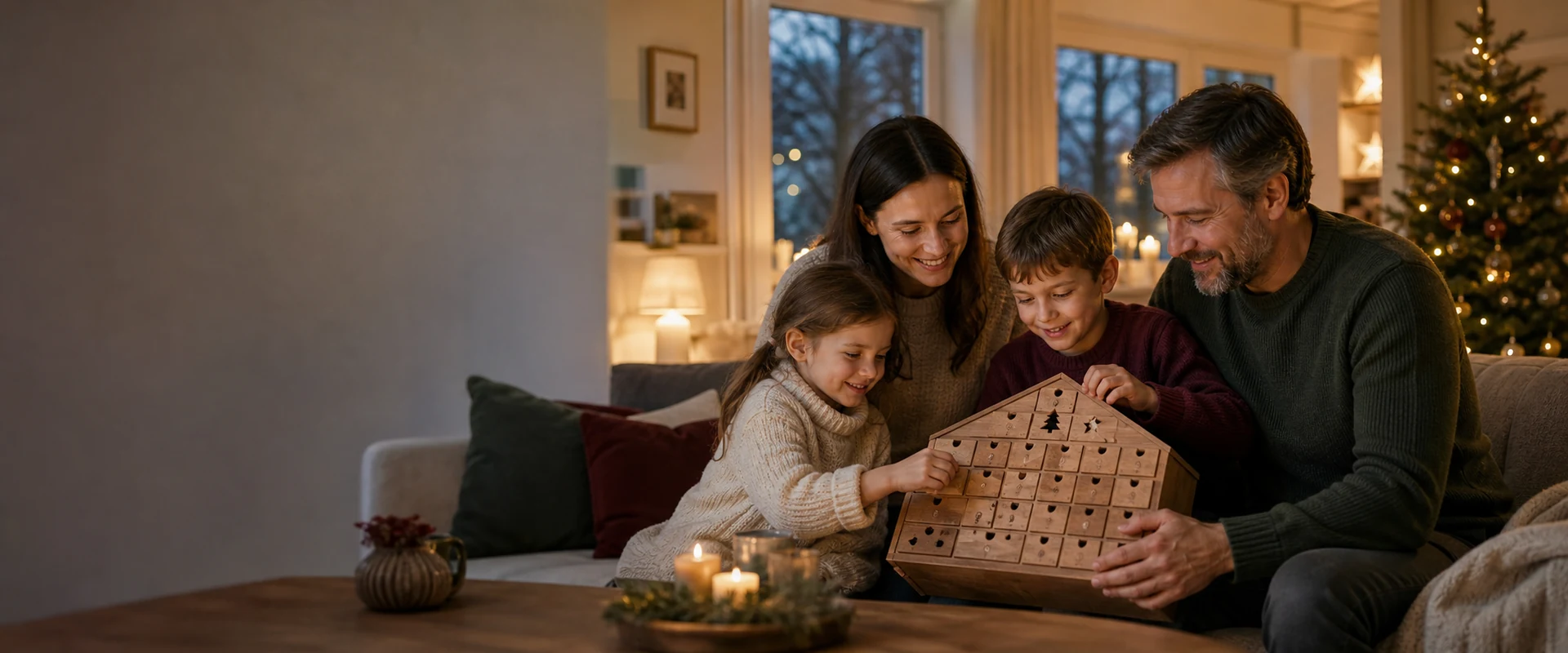 Familie öffnet gemeinsam einen Adventskalender in einem warmen Wohnzimmer